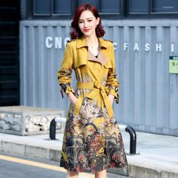 Women's Trench Coats 2022 Casual Coat Deerskin Oversize Print Vintage Women With Strap Slim Outer Yellow Top Female Fashion Windbreaker