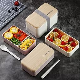 Double Layer Lunch Box 1200ml Wooden Feeling Salad Bento Boxes Microwave Portable Container For Workers Student P1019