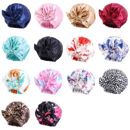 Floral Print Satin Bonnet Shower Cap With Tie Ladies Double Layer Waterproof Fabric Cap Bath Hat Soft Headcover