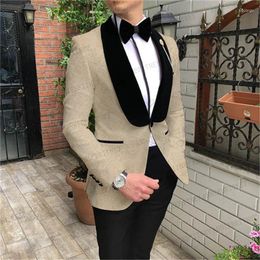 Men's Suits Beige Jacquard Mens Suit Set Shawl Lapel Slim Fit Blazer Men Custom Groom Wedding Prom Dinner Tuxedo Jacket Pants 2 Pieces