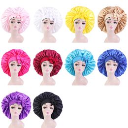 Solid Satin Bonnet With Wide Stretch Ties Long Hair Care Women Night Sleep Hat Adjustable Hair Styling Cap Silk Head Wrap Shower Caps