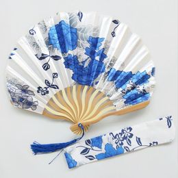 Party Favor 100pcs Personalized Cherry Blossom Design Round Cloth Folding Hand Fan with Gift bag Wedding Gifts RRE15212