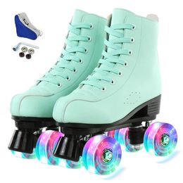 Ice Skates Women Green PU Leather Roller Skating Shoes Sliding Inline Quad Sneakers Training Europe Size 4 Wheels Flash Wheel L221014