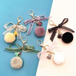 New Cute Bow Keychain Lace Ball Party Favor Bag Plush Pendant Cartoon Car Key Chain for Women Bag or Cellphone Christmas RRB16520