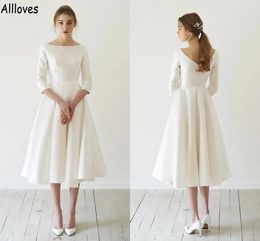 Ivory Satin Short A Line Wedding Dresses With 3/4 Long Sleeves Jewel Neck Elegant Boho Garden Bridal Gowns Tea Length Fashion Second Reception Party Dress CL1290