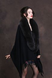 Women 100 Wool Cape Pashmina Real Whole Fox Fur Collar Poncho Bride Party Black