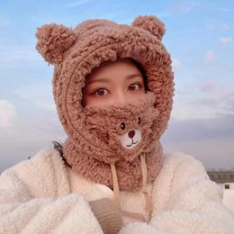 Berets Cute Bear Hat With Earflaps Winter Hats For Women Girl Lamb Plush Warm Thickened Balaclava Ears Mask Female Fur Hood