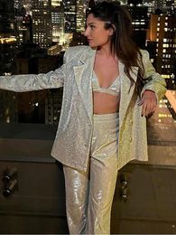 Women's Two Piece Pants Sexy Glitter Silver Women's Suit Underwear Long Sleeve Shirt Button Shirts Trouser Suits Fashion Spring Summer