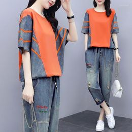 Women's Two Piece Pants Single/Set Plus Size Women Denim Suit 2022 Summer Fashion Jeans Female Short-Sleeved Top Ladies Stripe Patchwork