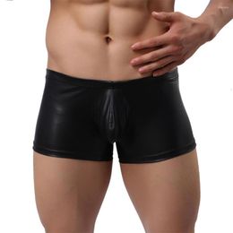 Underpants PU Leather Men's Sexy Boxer Shorts Penis Bulge Wet Look Boxers Trunks Elastic Gay Lingerie Big Pouch Panties