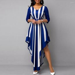 Casual Dresses Summer Women High Waist Stripe Print V Neck Dress Elegant 3/4 Sleeve Irregular Hem Maxi For Wedding