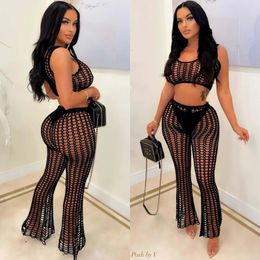 Women's Two Piece Pants Hollow Perspective Two-piece Set Women Beach Trousers Mesh Handmade Hook Sexy Fashion Suit 2022 Summer Party Club