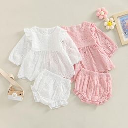 Clothing Sets Toddler Baby Girls Clothes Set Solid Colour Cutout Round Neck Long Sleeve T-shirt Tops And Elastic Casual Ruffle Shorts