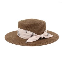 Wide Brim Hats 2022 Round Flat Top Straw Beach Hat Lady Boater Sun Caps Panama Women's Travel Cap