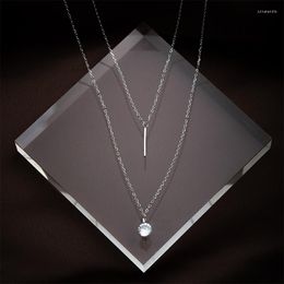 Pendant Necklaces Double Zircon Long For Girl Sterling Shiny Silver Layer Necklace Lady Women Full Fine Jewellery Accessories Gift