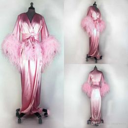 Wraps Pink 2022 Feather Women Robe Long Sleeve Sexy Nightgown Deep V Neck Ruffles Sleepwear Bathrobe Pajamas Prom Bridesmaid Shawel