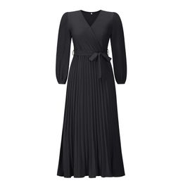 Autumn Winter Women Casual Dresses V Neck Wrap Dress Elegant Pleated Long Sleeve High Waist Belted A Line Hem Swing Midi Sun Dresses