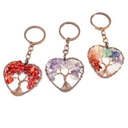 Natural Crushed Stone Crystal Keychains Heart Shaped Life Tree Keychain Pendant Car Key Chain Keyring