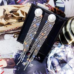 Dangle Earrings 2022 Long Pearl Tassel Full Rhinestones Golden Silver Color Woman Personality Wedding Jewelry Birthday Gift