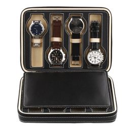 Black Faux Leather Watch Display Storage Box ed Case 2/4/8 Grids Tray Zippered Travel Collector 220428