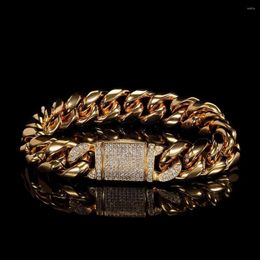 Link Bracelets 12mm Hip Hop Zircon Flap Buckle Bracelet For Men Women Stainless Steel Cuban Chain Gold Plated Titanium Jewellery