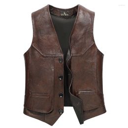Men's Vests 2022 Brand Men's Casual Fashion Pu Vest Leather Slim Fitting Clothes First Layer Cowhide Stylish Pocket V-neck E203