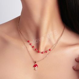 Bohemian Style Red Bead Pendant Necklace Female Double Clavicle Gold Color Chain Collares Jewelry Accessary