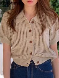 Women's Sweaters Kimotimo Summer Short Sleeve Knitted Cardigan Retro Lapel Hollow Single Breasted Sweater Korean Chic Solid Loose Thin Short Tops J220915