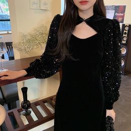 Casual Dresses WDMSNA Retro Sequined Velvet Robe Stand Collar Hollow Out For Women 2022 Autumn And Winter Slim Waist Black Vestidos