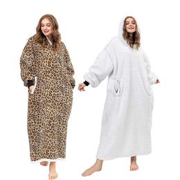 Others Apparel Leopard Print Super Long Flannel Blanket with Sleeves Winter Oversized Hoodies Sweatshirt Unsex Pullover Giant Blanket Hoodie T221019