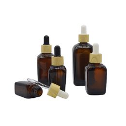 Empty Square Brown Glass Dropper Bottle False Wood Lid Black White Rubber Top Portable Essential Oil Vials Cosmetic Refillable Container 10ml 20ml 30ml 50ml 100ml