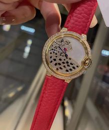 36mm Full Diamond Enamel Leopard WristWatch Women Geometric Panther Quartz Watches Female Red Genuine Leather Watch White Mother Of Pearl Dial Lady Clock