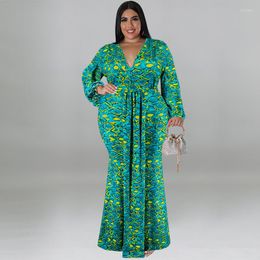 Plus Size Dresses 5XL 4XL Mermaid Dress Women V Neck Robes Autumn Fashion Print Oversize Streetwear Long Maxi Vestidos