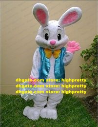 Cute White Easter Bunny Bugs Mascot Costume Mascotte Jackrabbit Hare Rabbit Lepus With Long Pink Ears Happy Face No.1769