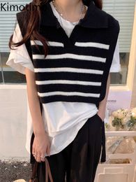 Women's Sweaters Kimotimo Striped Lace Up Knitting Vest Femme Autumn New Lapel Sleeveless Pullover Korean Fashion Overlap Waistcoat Crop Sweater J220915