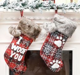 Christmas Tree Stocking Santa Claus Candy Gift Bag Christmas Dog's Paw Fur Collar Stockings Xmas Party Hanging Decoration RRE15187