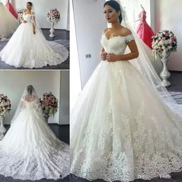 Arabia Cap Sleeves Ball Gown Wedding Dresses Off Shoulder Dubai Lace Appliques Plus Size Court Train Formal Bridal Gowns