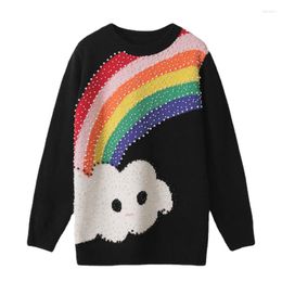 Women's Sweaters Kawaii Wool Knitted Women Pullover Black Colour O Neck Brainbow Pearl Beading Sweater Casual Crop Tops