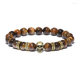 Strand 2022 Classic Men Skull Bracelet 8mm Natural Tiger Eye Stone Beaded Braclet Punk Metal Charm Braslet Hombre Jewellery Gift For Him