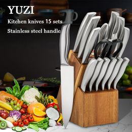 Kitchen Knives 15 Sets Stainless Steel Chef Slicing Cleaver Santoku Knife Utility Paring Tool Scissors Sharpener With Block