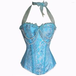 Bustiers & Corsets Sexy Women Light Blue Halter Corset Waist Trainer Body Shapewear Beading Bustier Cincher Pearl Corselet