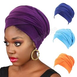 Women Cotton Elastic Headscarf Stretch Headband Long Tail Head Wrap Bonnet Indian Hat Muslim Headcover Ladies Hair Accessories