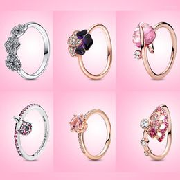 Cluster Rings Style Ladies Rose Gold Ring Specials Flower Heart Pink Shape Original DIY 925 Sterling Silver Charm Luxury Jewelry Gift