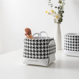 Houndstooth Desktop Leather Storage Basket Pen Holder Sundries Box Makeup Brush Finishing Tray Home Modern Decoration MJ0920