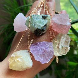 Reiki Healing Rock Mineral Stone Necklaces Pendulum Natural Amethysts Citrines Prehnites Crystal Quartz Pendant Necklaces Choker Women