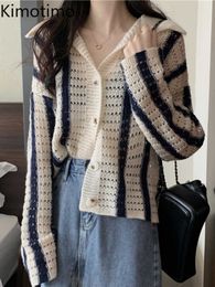 Women's Sweaters Kimotimo Women Striped Hollow Sweater Jacket Autumn Turn Down Collar Laides Knited Vest Korean Chic Thin Long Sleeve Vests J220915