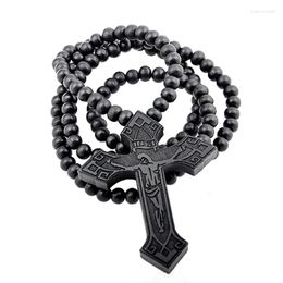 Choker Hip Hop Wood Cross Necklace For Men Rock Style Wooden Beads Long Chain Jesus Pendant Women Christ Jewellery Party Gift