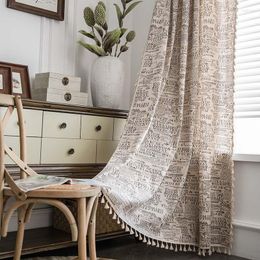 Curtain English Letter Print Window Semi-Blackout Cotton Darkening Drape With Tassel For Dining Living Bedroom Decoration TJ7388