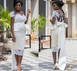 Plus Size Lace Mother Of The Bride Dresses Sheer Neck Appliques Short Sleeve Bridal Gowns Tea Length African 2023 Wedding Guest Dress