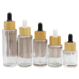 Packing Empty Glass Clear Bottle Essential Oil Dropper Vials Wood Collar Black White Top Portable Refillable Cosmetic Packaging COntainer 20ml 30ml 40ml 50ml 60ml